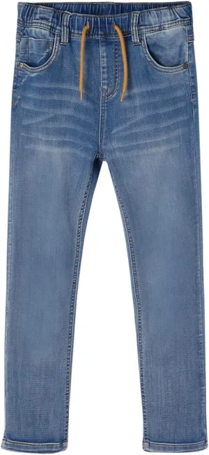 Haloumoning Boys Jeans Kids Elastic Waist Straight Leg Denim Pants with Drawstring 4-14 Years