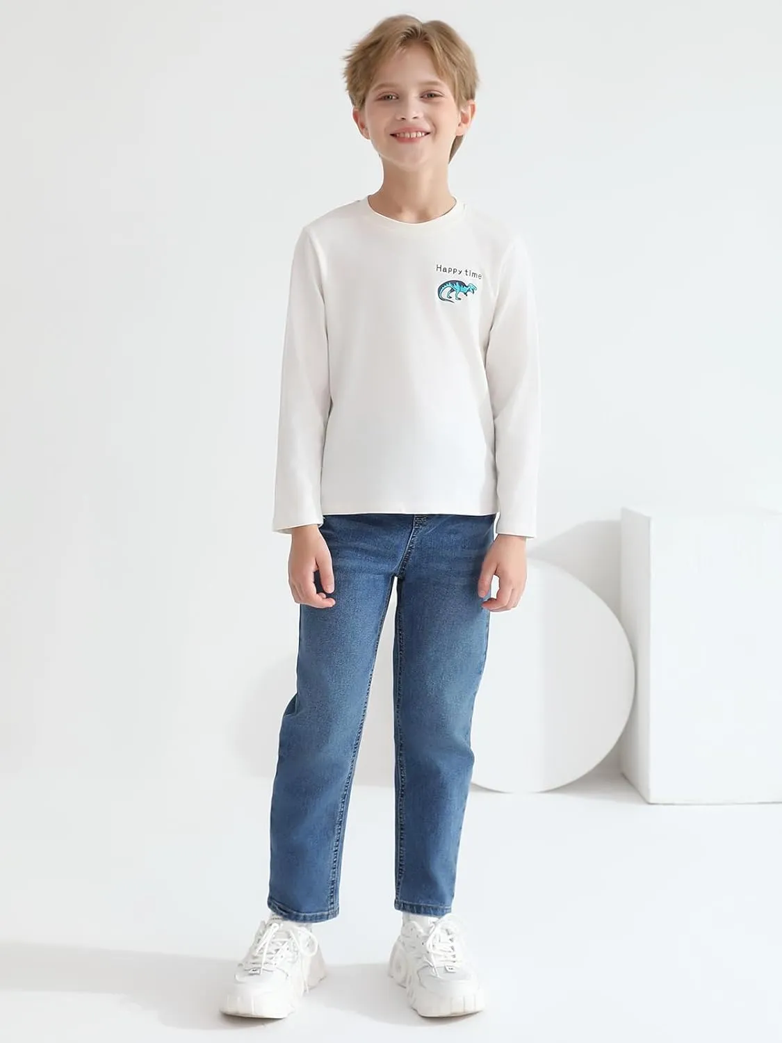 Haloumoning Boys Jeans Kids Elastic Waist Straight Leg Denim Pants with Drawstring 4-14 Years