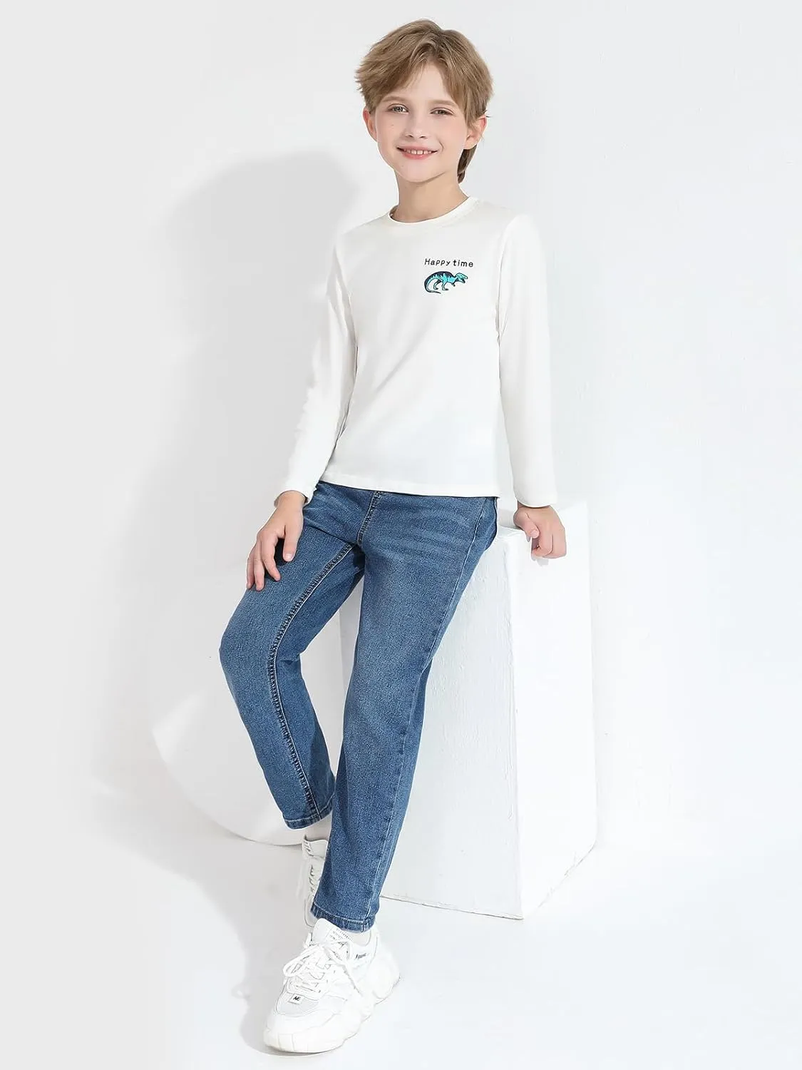 Haloumoning Boys Jeans Kids Elastic Waist Straight Leg Denim Pants with Drawstring 4-14 Years