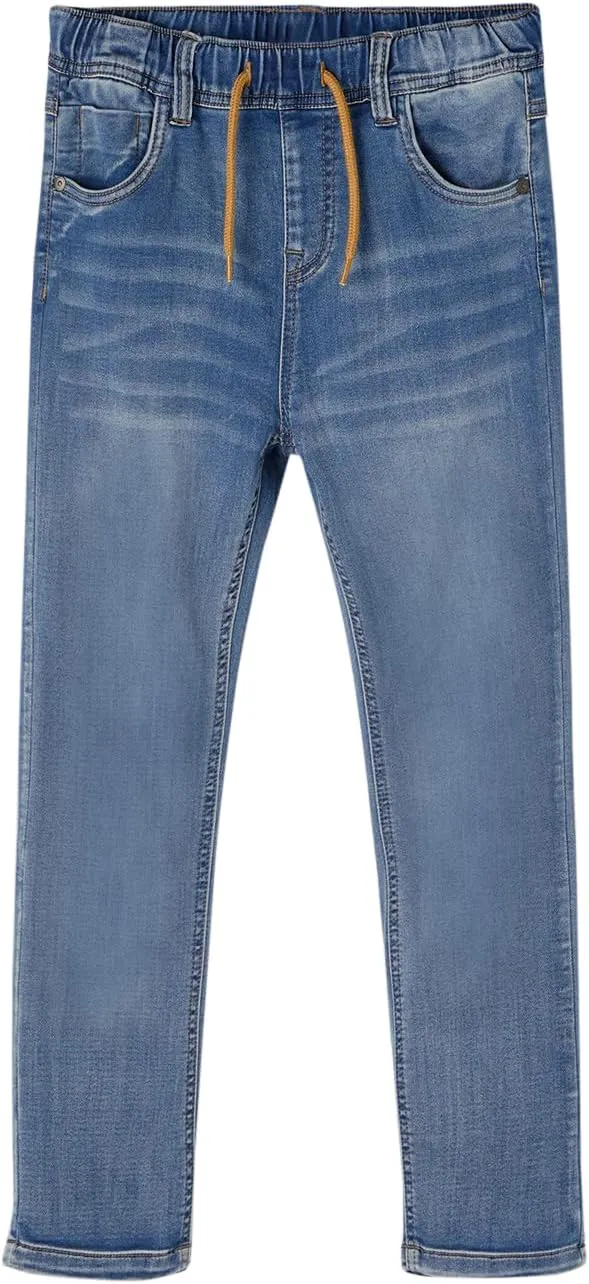 Haloumoning Boys Jeans Kids Elastic Waist Straight Leg Denim Pants with Drawstring 4-14 Years
