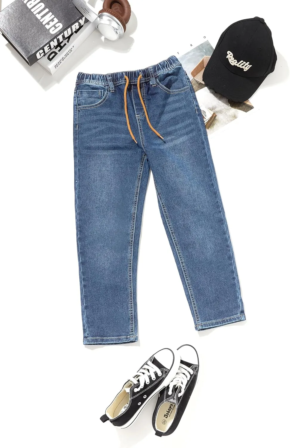 Haloumoning Boys Jeans Kids Elastic Waist Straight Leg Denim Pants with Drawstring 4-14 Years