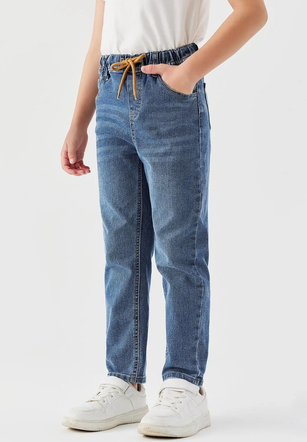 Haloumoning Boys Jeans Kids Elastic Waist Straight Leg Denim Pants with Drawstring 4-14 Years