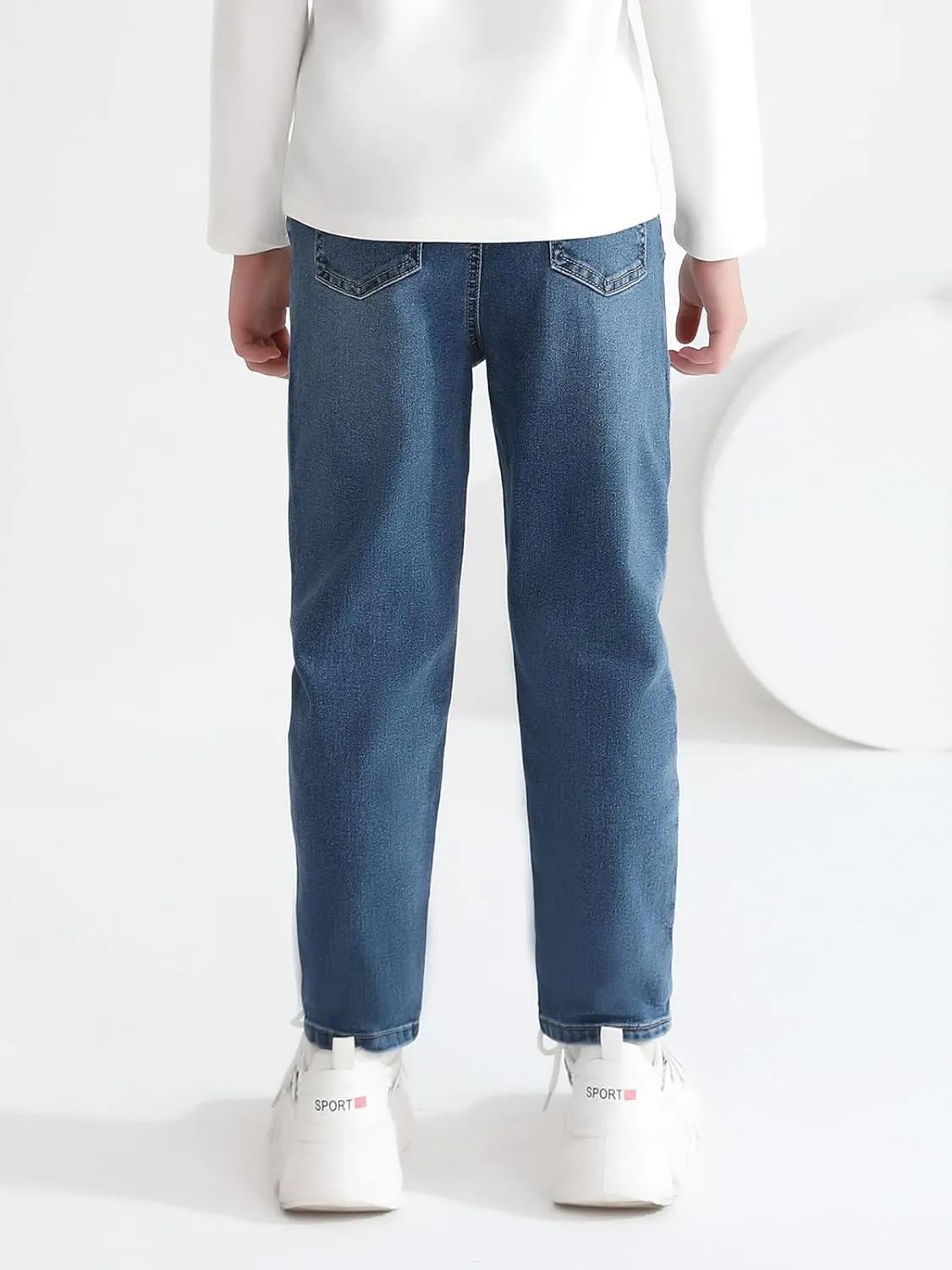 Haloumoning Boys Jeans Kids Elastic Waist Straight Leg Denim Pants with Drawstring 4-14 Years