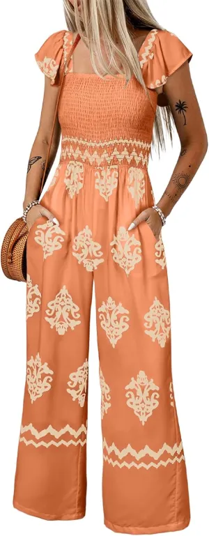 Happy Sailed Womens Summer Jumpsuits Printed Square Neck High Waisted Pockets Wide Leg Rompers Beach Fashion Vacation Outfits