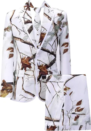 HBDesign Men Collar Edge White Camouflage Dress Suits (Jacket Vest Pants Tie/Bowtie)