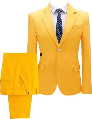 HBDesign Men Flat Collar Solid Color 1 Button 2 Piece Dress Suits (Jacket Pants)