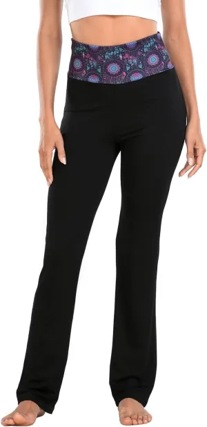 HDE Women's Color Block Fold Over Waist Yoga Pants Flare Leg Workout Leggings