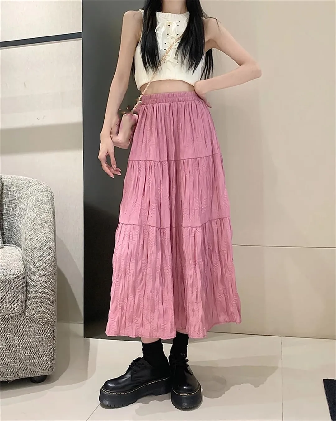 Hdhdeueh Women's Elastic Waist Pleated Skirts Solid Color A-Line Casual Flowy Midi Skirts