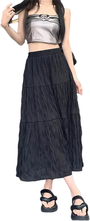 Hdhdeueh Women's Elastic Waist Pleated Skirts Solid Color A-Line Casual Flowy Midi Skirts