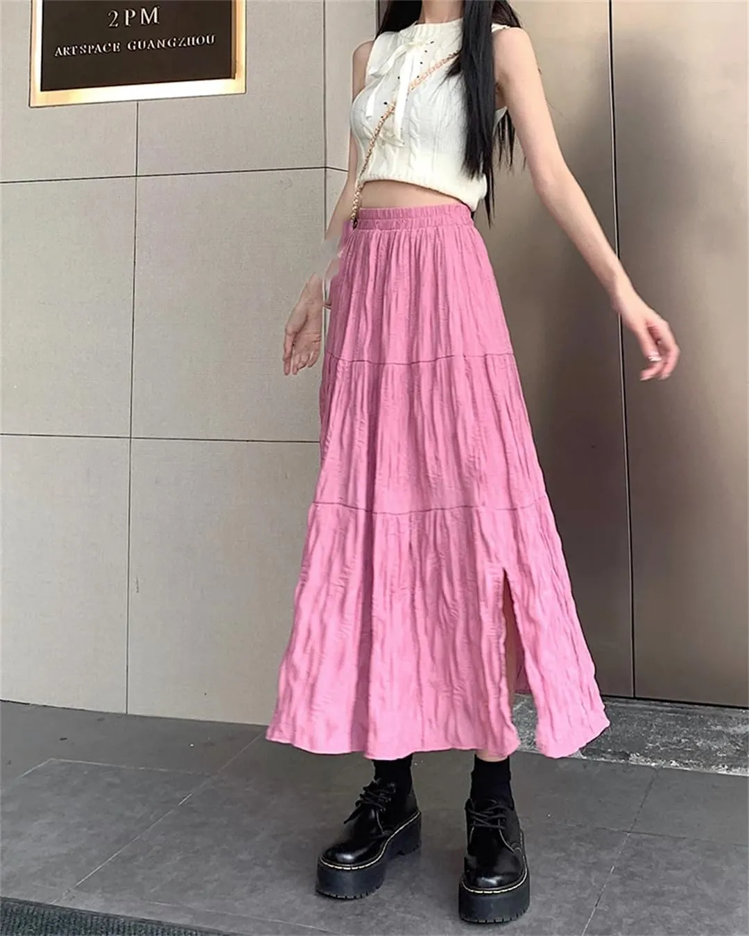 Hdhdeueh Women's Elastic Waist Pleated Skirts Solid Color A-Line Casual Flowy Midi Skirts