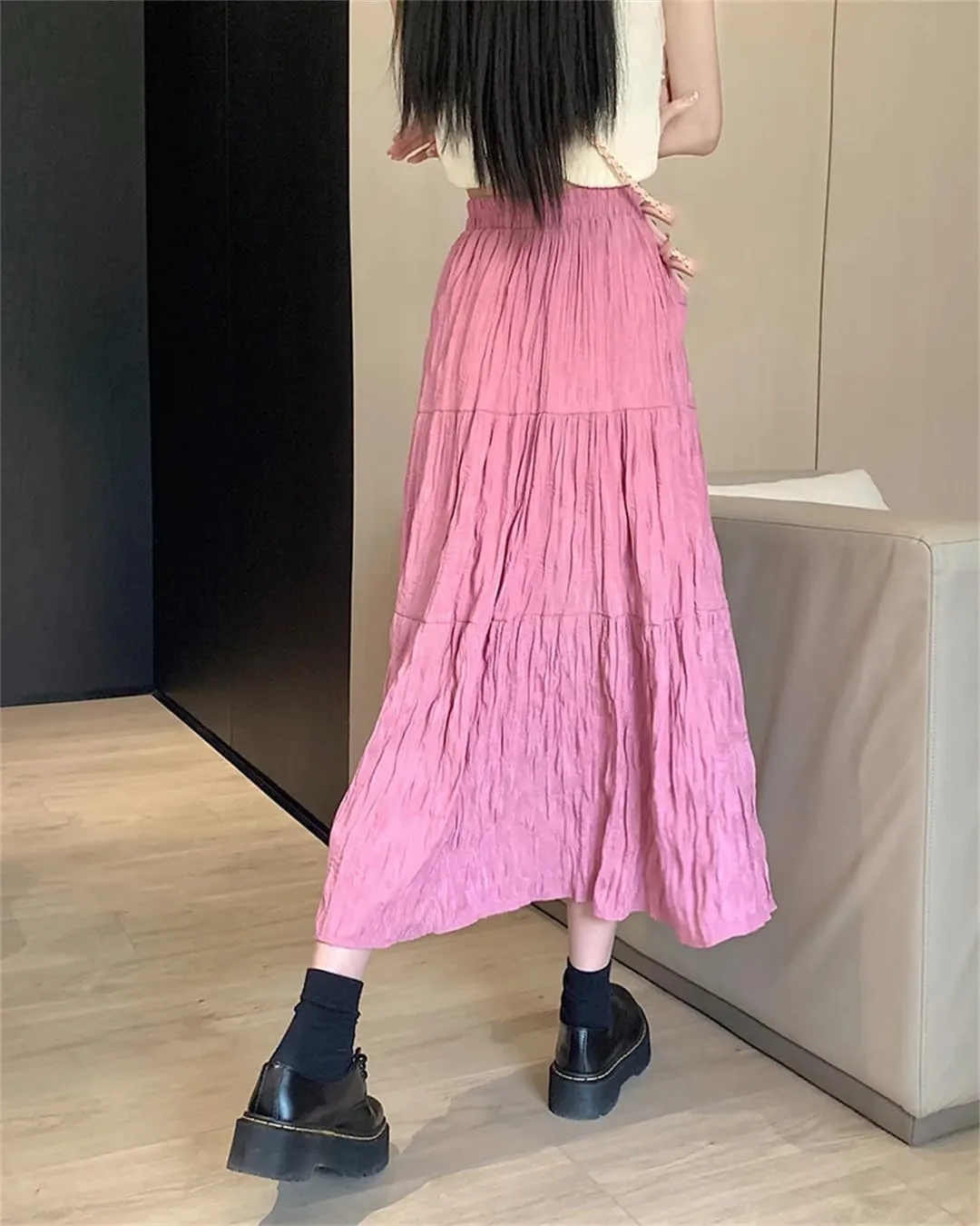Hdhdeueh Women's Elastic Waist Pleated Skirts Solid Color A-Line Casual Flowy Midi Skirts