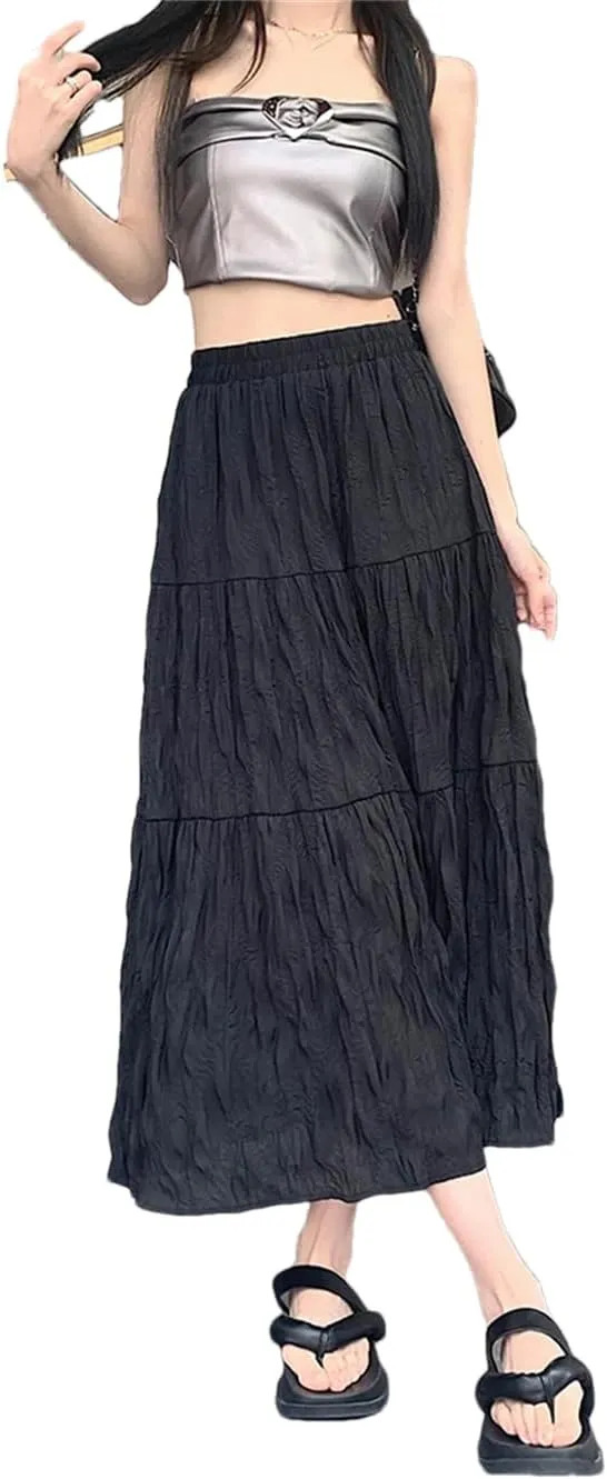 Hdhdeueh Women's Elastic Waist Pleated Skirts Solid Color A-Line Casual Flowy Midi Skirts