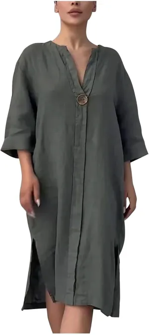 HGps8w Plus Size Cotton Linen Dress for Women 2025 Summer Loose V Neck Vintage 3/4 Sleeve Lightweight Casual Solid Midi Dress
