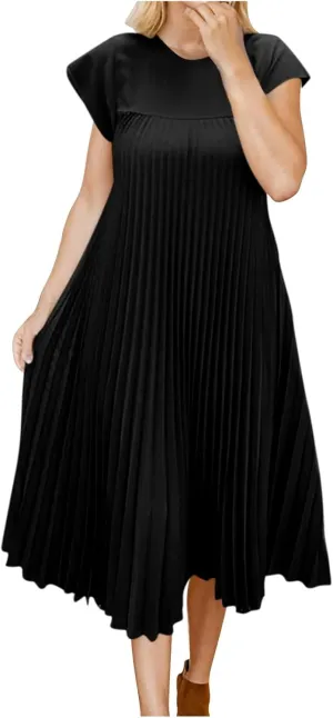 HGps8w Summer Dresses for Women 2025 Elegant Pleated A-Line Swing Wedding Guests Dress Loose Cap Sleeve Solid Midi Skirt