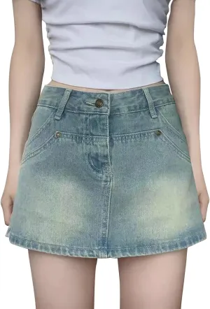 HGps8w Women's Summer Denim Mini Skirt Vintage Washed Jeans Skorts High Waisted Short Skirts with Pockets