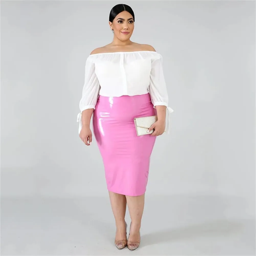High Waist Faux Latex Skirts for Women PU Leather Midi Skirts Back Zip Stretchy Bodycon Skirt