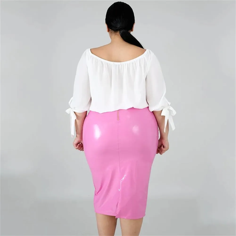 High Waist Faux Latex Skirts for Women PU Leather Midi Skirts Back Zip Stretchy Bodycon Skirt