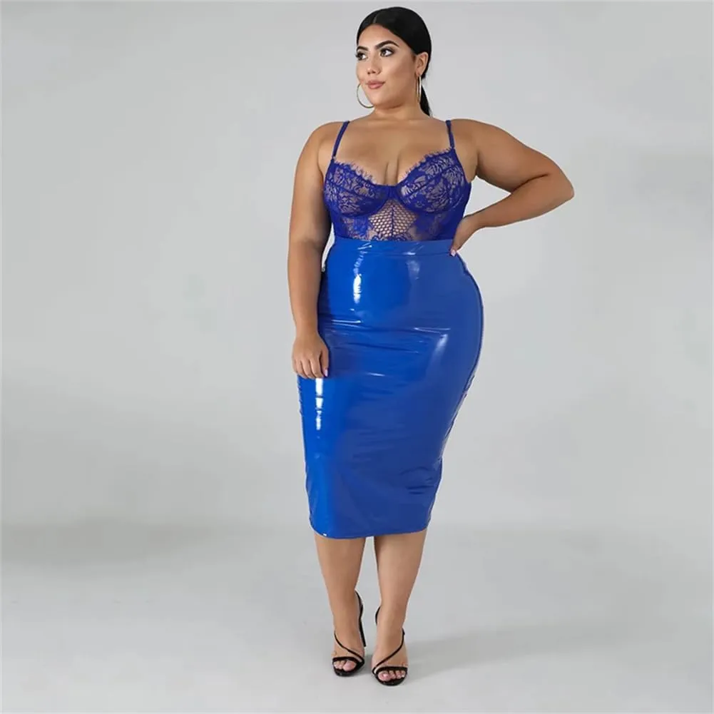 High Waist Faux Latex Skirts for Women PU Leather Midi Skirts Back Zip Stretchy Bodycon Skirt