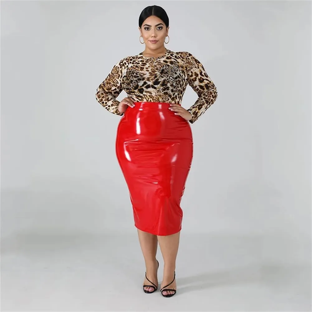 High Waist Faux Latex Skirts for Women PU Leather Midi Skirts Back Zip Stretchy Bodycon Skirt