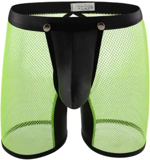 HSQSMWJ Men's Wet Look Leather Boxer Shorts Pants Erotic Clubwear Button Removable Pouch