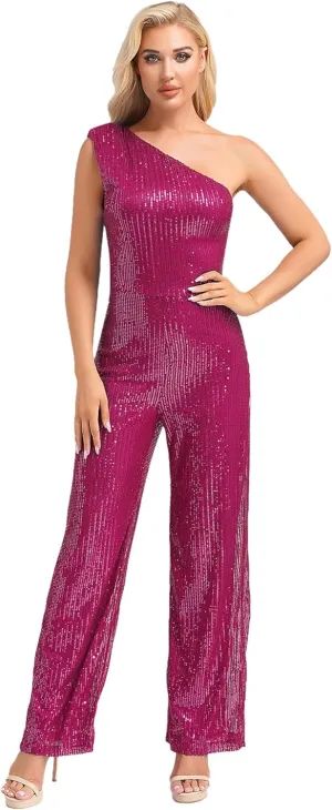 Hularka Womens Dressy Jumpsuits Elegant Sleeveless One Shoulder Sparkly Sequins Straight Leg Pants Party Romper