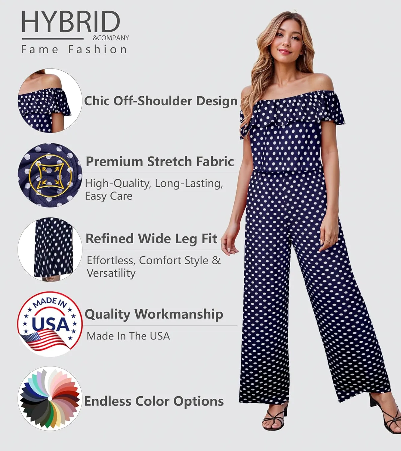 Hybrid & Company Women Casual Off Shoulder High Waist Pants Romper Wide Leg Jumpsuit