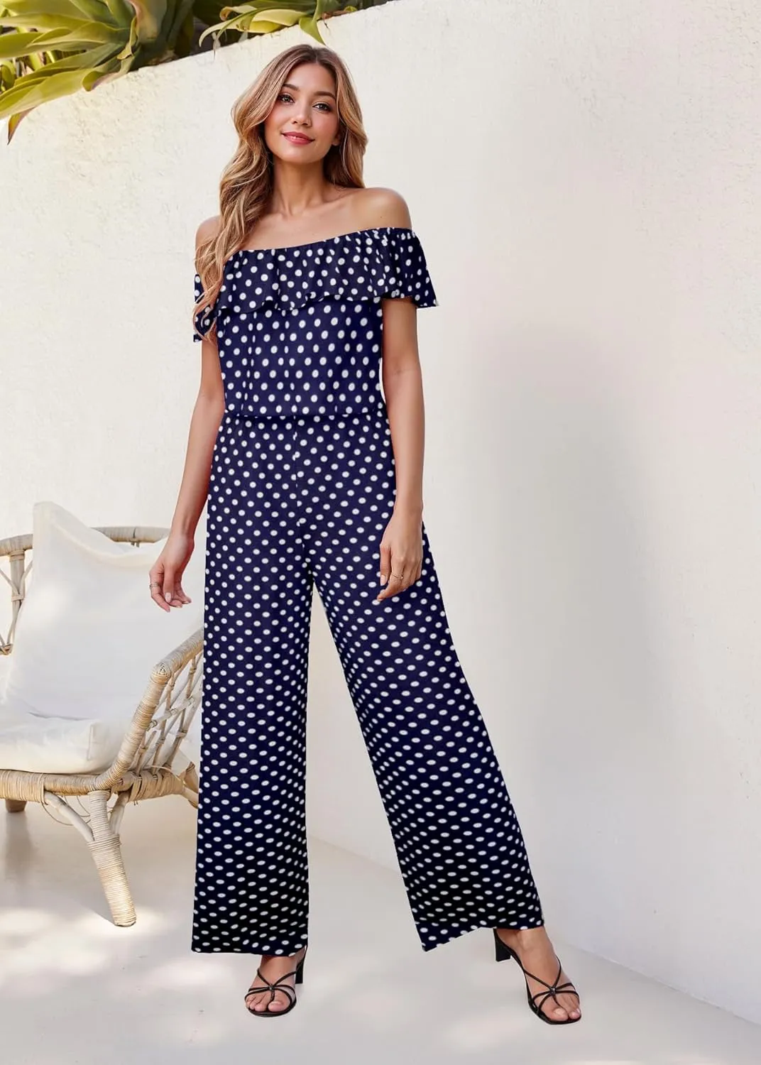 Hybrid & Company Women Casual Off Shoulder High Waist Pants Romper Wide Leg Jumpsuit