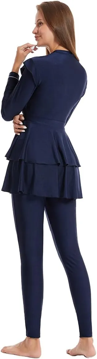 IBAKOM Muslim Swimsuit for Women Burkini Long Pleated Skirt with Swim Cap Modest Bathing Suit Islamic Surfing Rash Guard Set