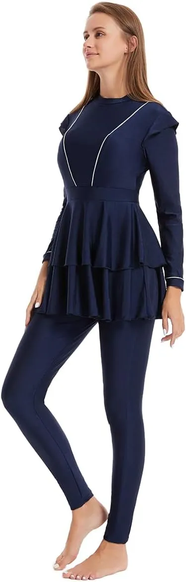 IBAKOM Muslim Swimsuit for Women Burkini Long Pleated Skirt with Swim Cap Modest Bathing Suit Islamic Surfing Rash Guard Set