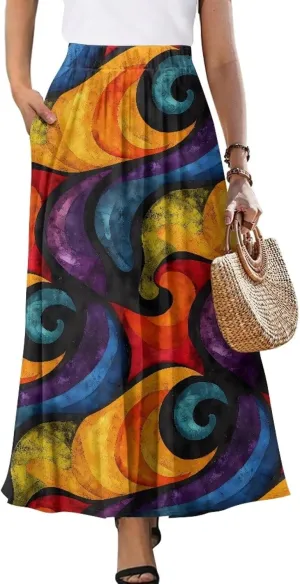 Irisjudy Women's Flare Long Maxi Skirt Magical Mushroom Casual Elastic Waisted Pleated Skirt Tie Dye Long Skirt with Pockets