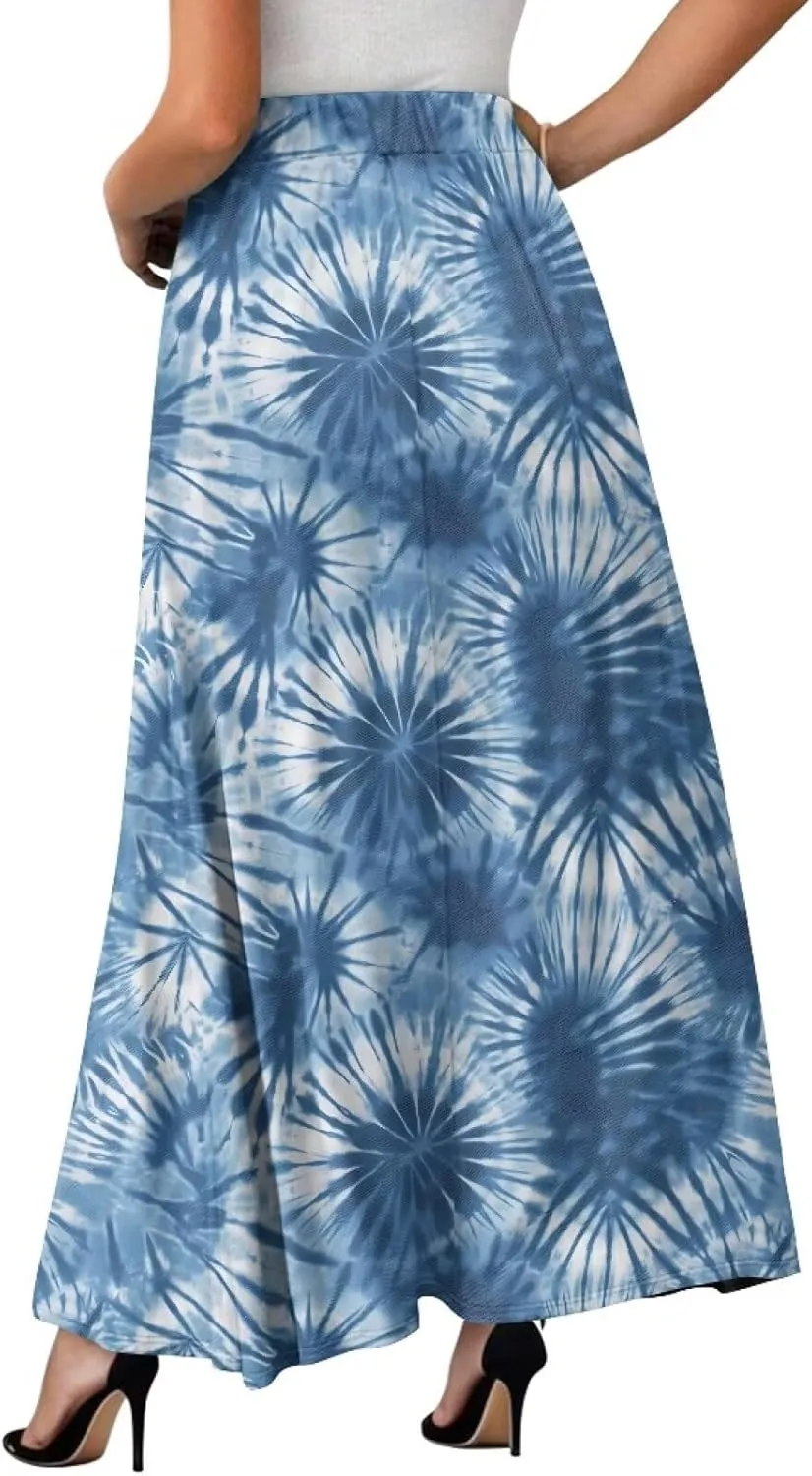 Irisjudy Women's Flare Long Maxi Skirt Magical Mushroom Casual Elastic Waisted Pleated Skirt Tie Dye Long Skirt with Pockets