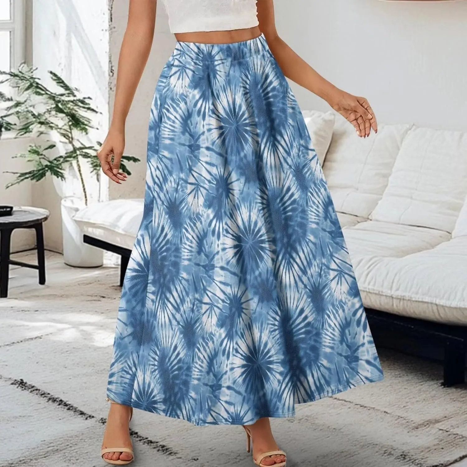 Irisjudy Women's Flare Long Maxi Skirt Magical Mushroom Casual Elastic Waisted Pleated Skirt Tie Dye Long Skirt with Pockets