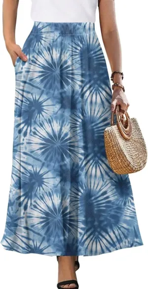 Irisjudy Women's Flare Long Maxi Skirt Magical Mushroom Casual Elastic Waisted Pleated Skirt Tie Dye Long Skirt with Pockets