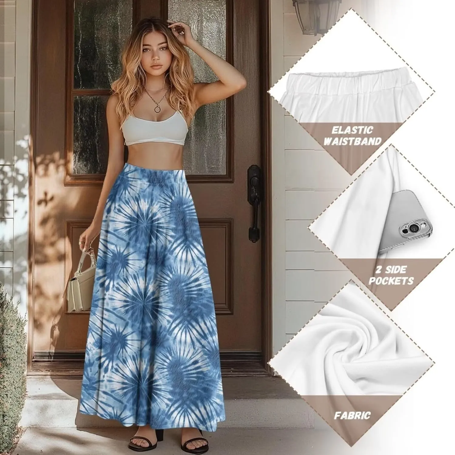 Irisjudy Women's Flare Long Maxi Skirt Magical Mushroom Casual Elastic Waisted Pleated Skirt Tie Dye Long Skirt with Pockets