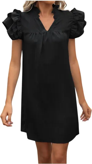 JOAU Womens Summer 2025 Layered Ruffle Cap Sleeve V Neck Shift Mini Dress Casual Loose Solid Flowy Cute Beach Shirt Dresses