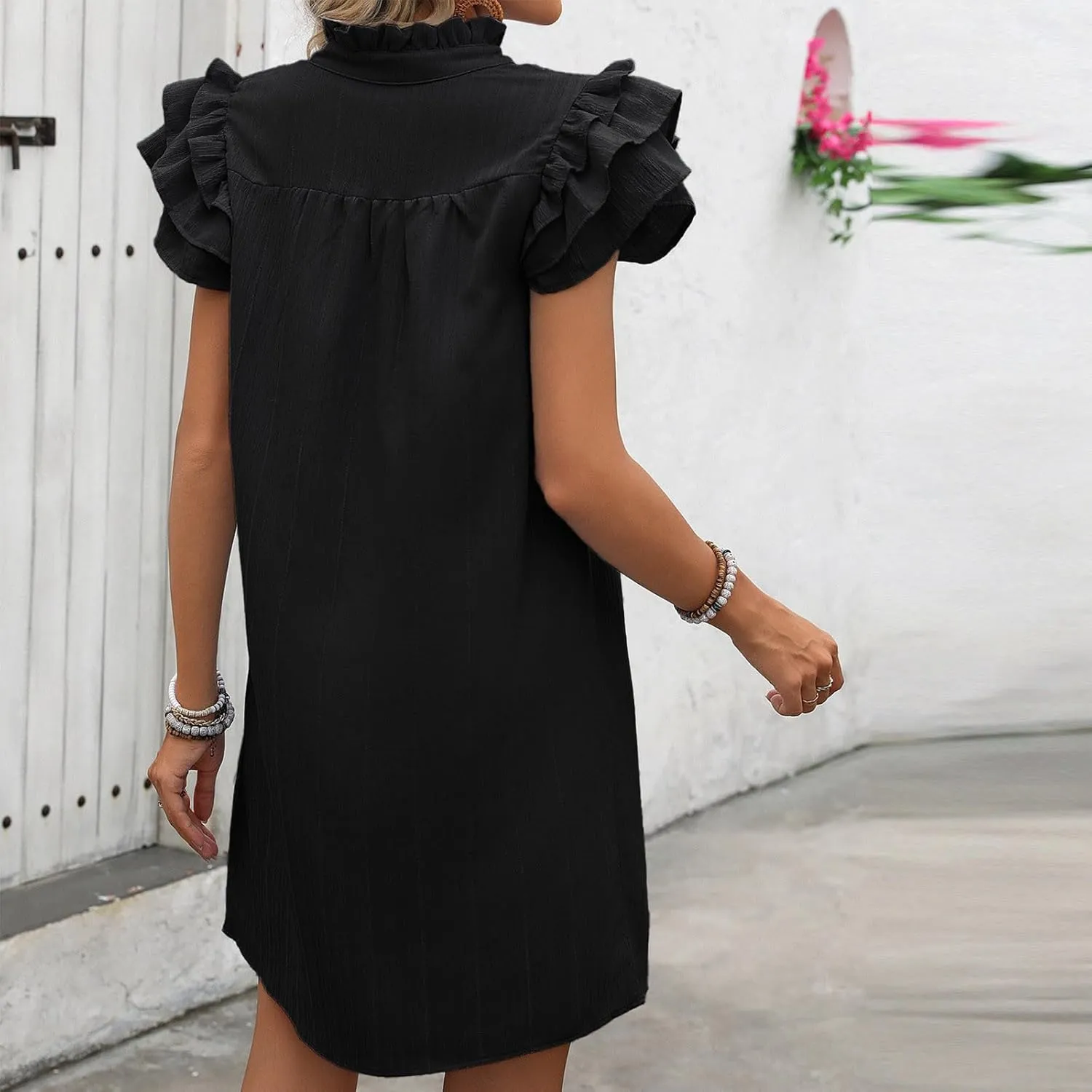 JOAU Womens Summer 2025 Layered Ruffle Cap Sleeve V Neck Shift Mini Dress Casual Loose Solid Flowy Cute Beach Shirt Dresses