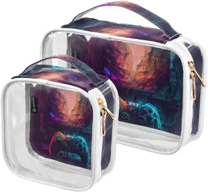 Joystick Pattern 2 Pack Clear Toiletry Bag Women Men, Portable Waterproof Clear Pouch, Cosmetic Bag with Double Zippers Large Opening Traveling with Handle for Bathroom Traveling Vacation Organizing