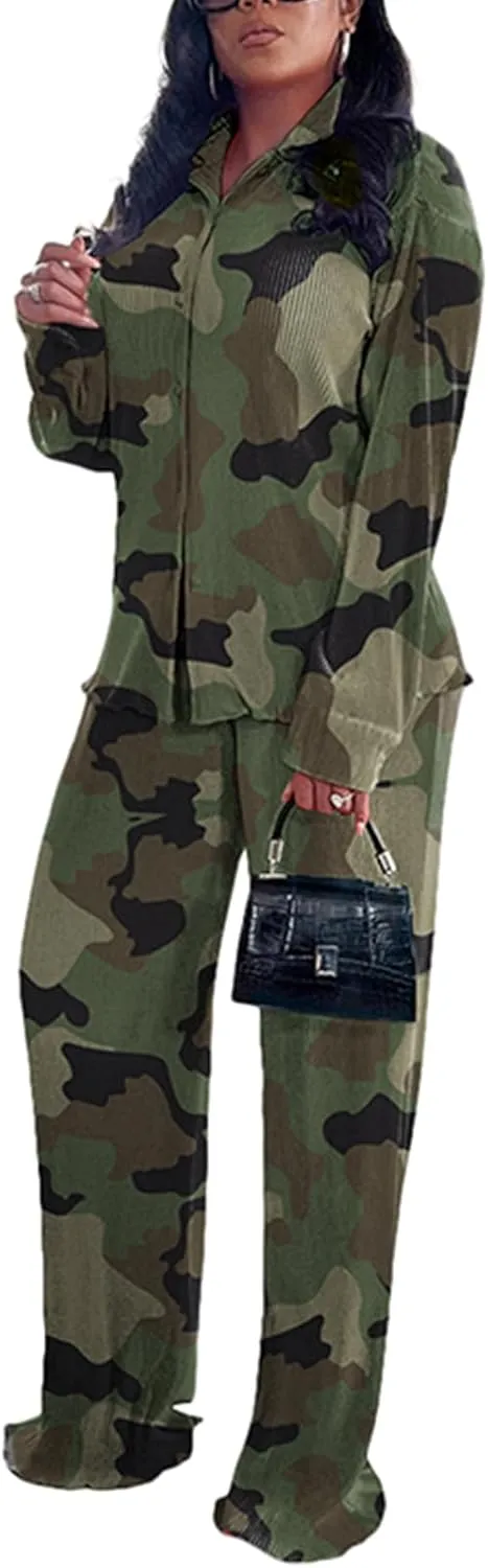 kaimimei Casual 2 Piece Outfit for Women - Linen Long Sleeve Button Down Shirt   Flare Pleated Wide Leg Pants Sets Streetwear