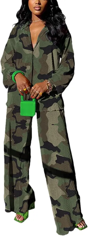 kaimimei Casual 2 Piece Outfit for Women - Linen Long Sleeve Button Down Shirt   Flare Pleated Wide Leg Pants Sets Streetwear