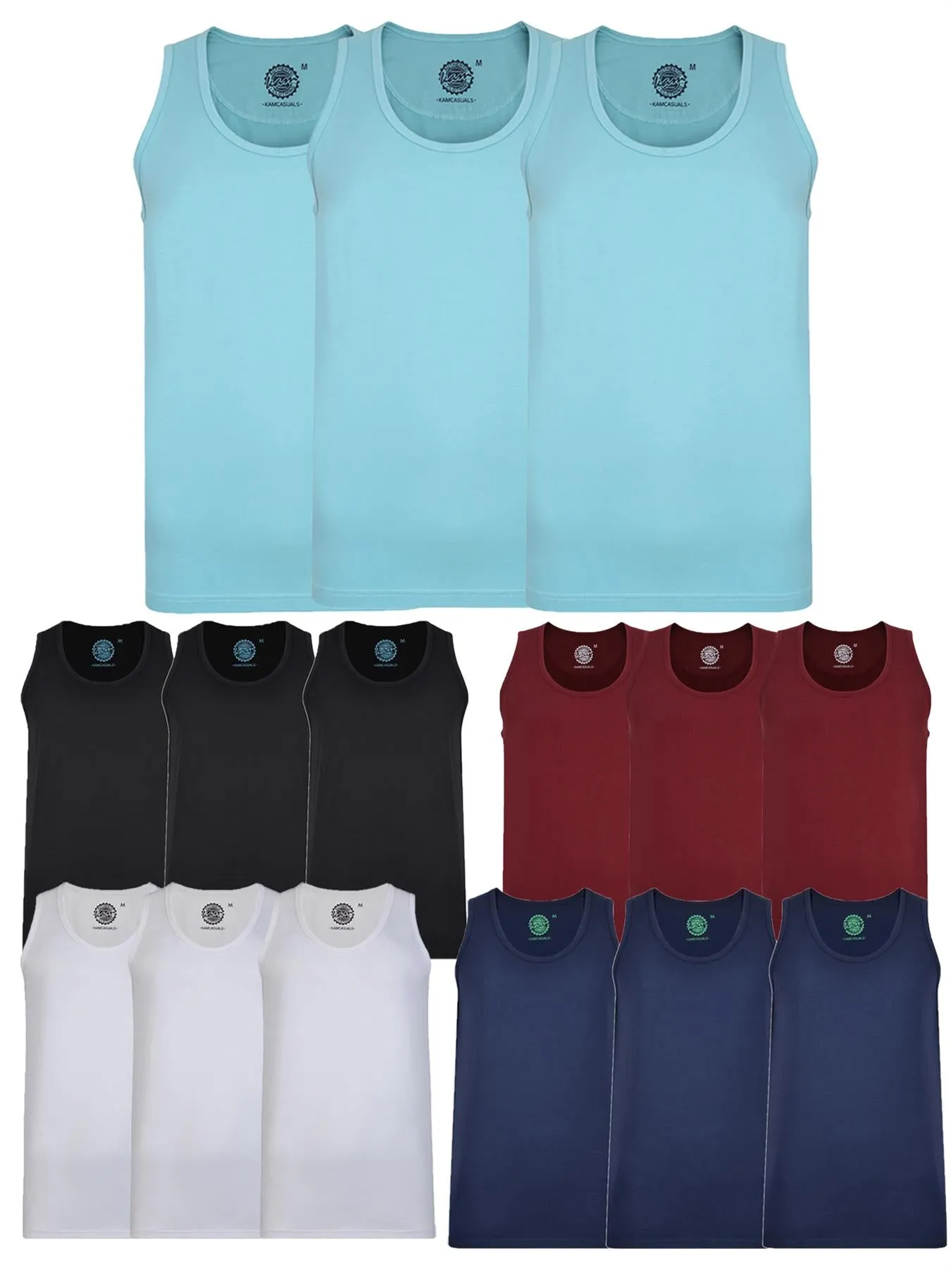 Kam Big Size Men's Pure Cotton 3 Pack Long Length Vests (KBS500F) 2XL-12XL, 5 Colours