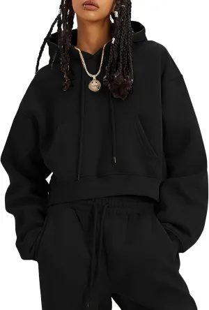 Kissonic Women's Fleece Jogger Sets 2 Pieces Sweatsuits Outfits Crop Top Hoodies Jogger Pants