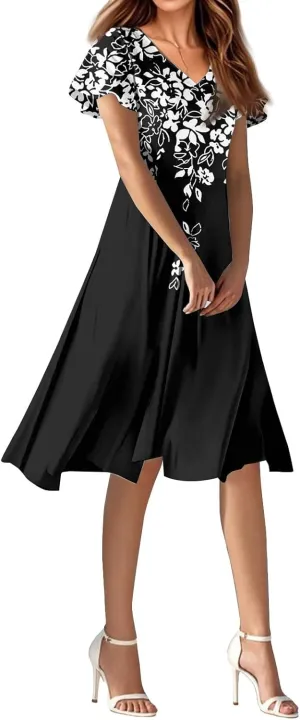 Knee Length Dress for Women Bohemian Summer Short Sleeve Summer 2025 V Neck Modest Sundress Floral Dress