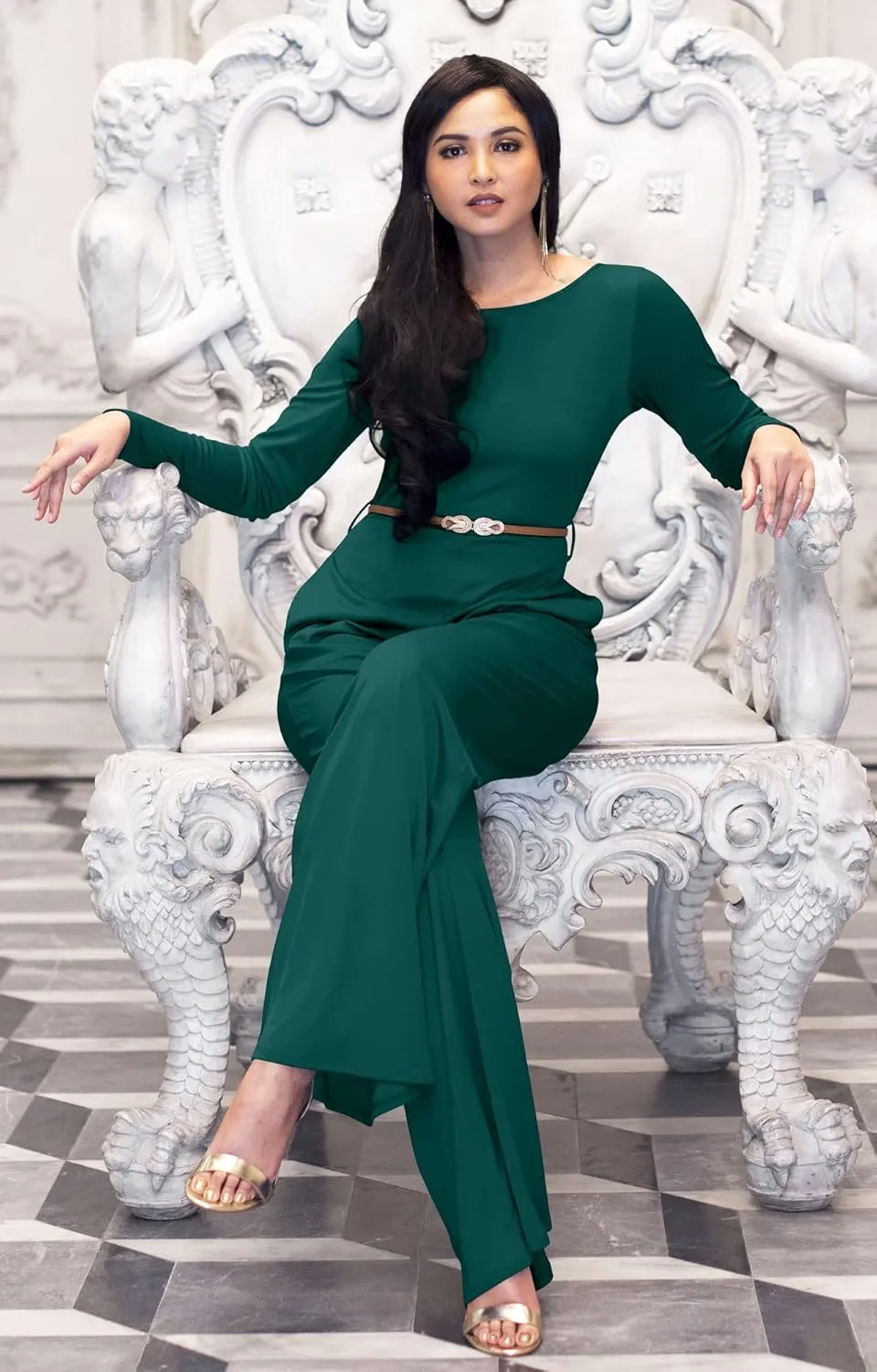 KOH KOH Womens Long Sleeve Wide Leg Belted Formal Elegant Cocktail Jumpsuit