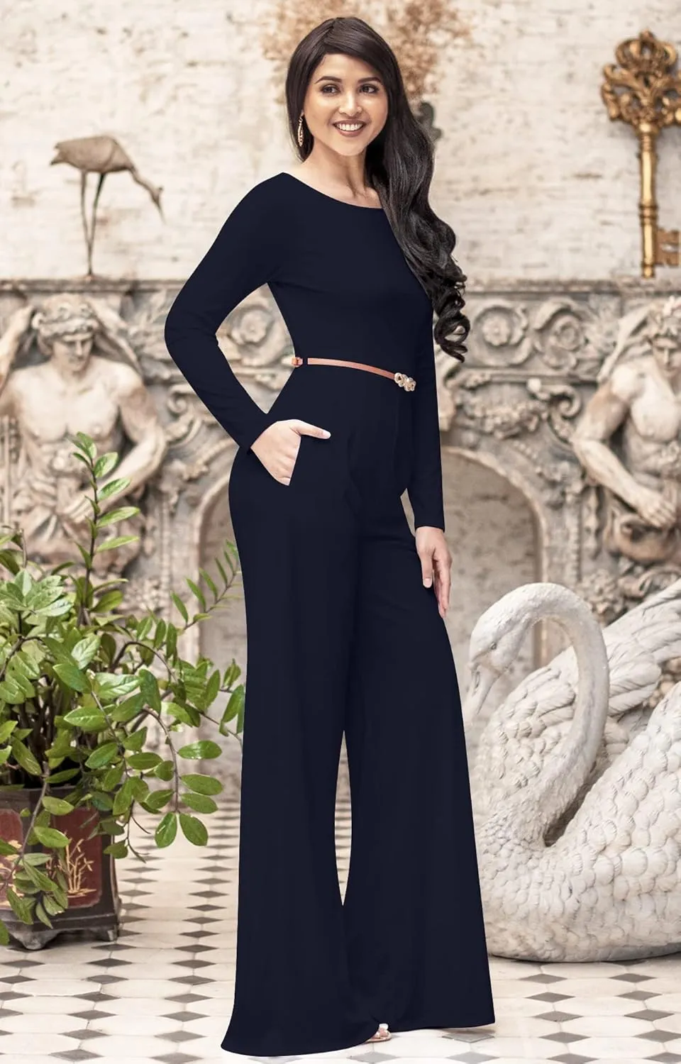 KOH KOH Womens Long Sleeve Wide Leg Belted Formal Elegant Cocktail Jumpsuit