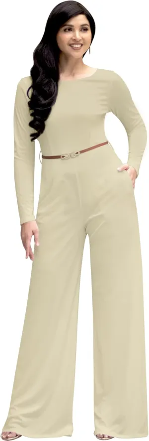 KOH KOH Womens Long Sleeve Wide Leg Belted Formal Elegant Cocktail Jumpsuit
