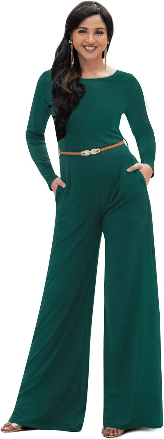 KOH KOH Womens Long Sleeve Wide Leg Belted Formal Elegant Cocktail Jumpsuit