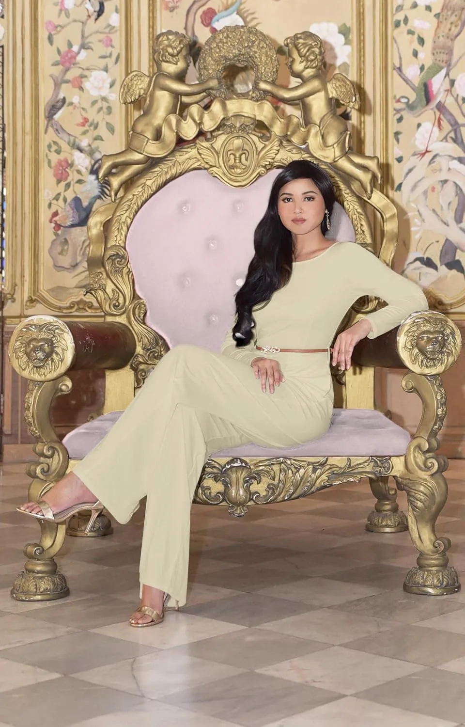 KOH KOH Womens Long Sleeve Wide Leg Belted Formal Elegant Cocktail Jumpsuit