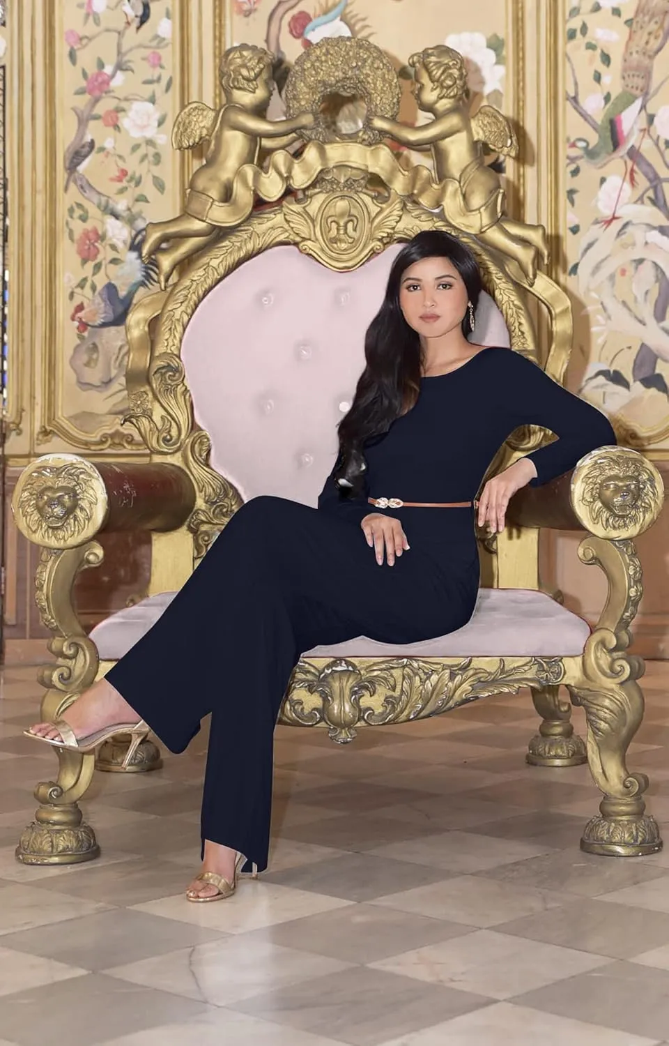 KOH KOH Womens Long Sleeve Wide Leg Belted Formal Elegant Cocktail Jumpsuit