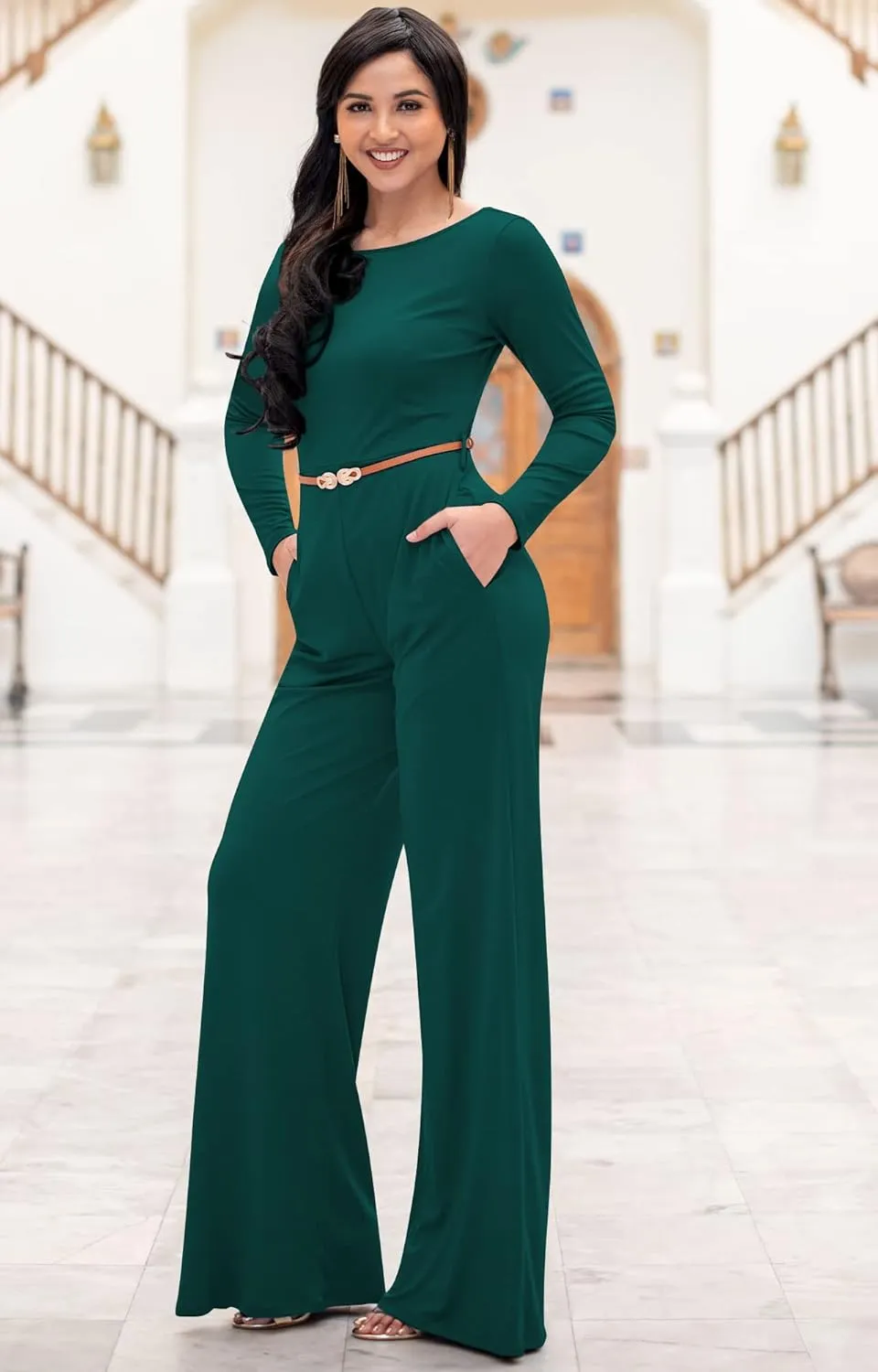 KOH KOH Womens Long Sleeve Wide Leg Belted Formal Elegant Cocktail Jumpsuit