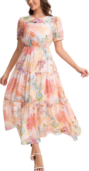 Kormei Women's Summer Casual Short Sleeve Round Neck Eastic Waist Tiered Boho Plain Beach Flowy Maxi Dress